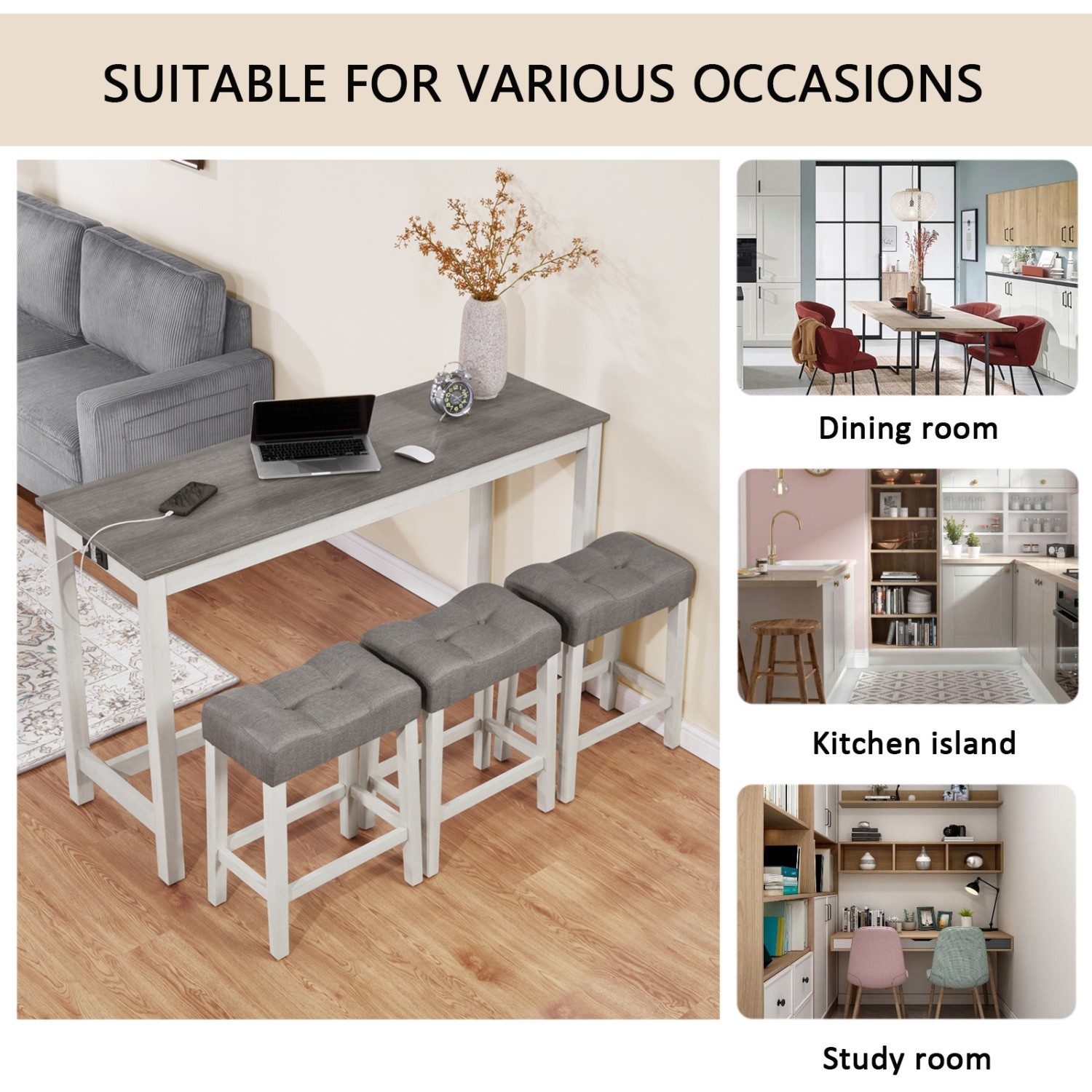 Counter Height Bar Table Set with USB Port Modern 4 Piece w/ 3 Saddle Stools