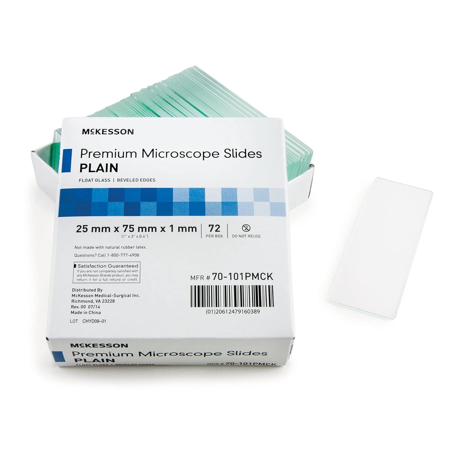 McKesson Premium Microscope Slides, Plain, Float Glass, Beveled Edges, 25 mm x 7