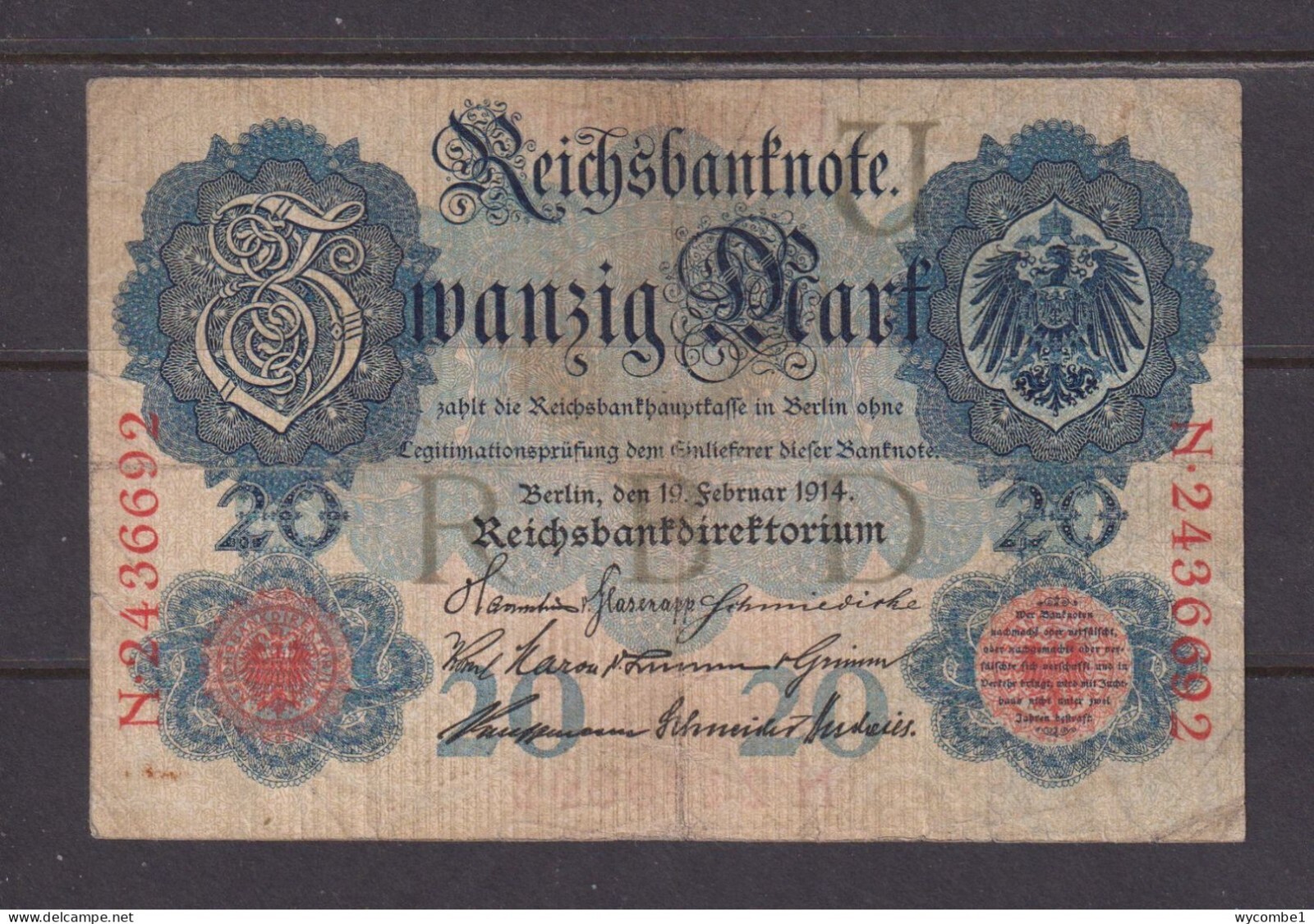 GERMANY - 1914 20 Mark Circulated Banknote as Scans