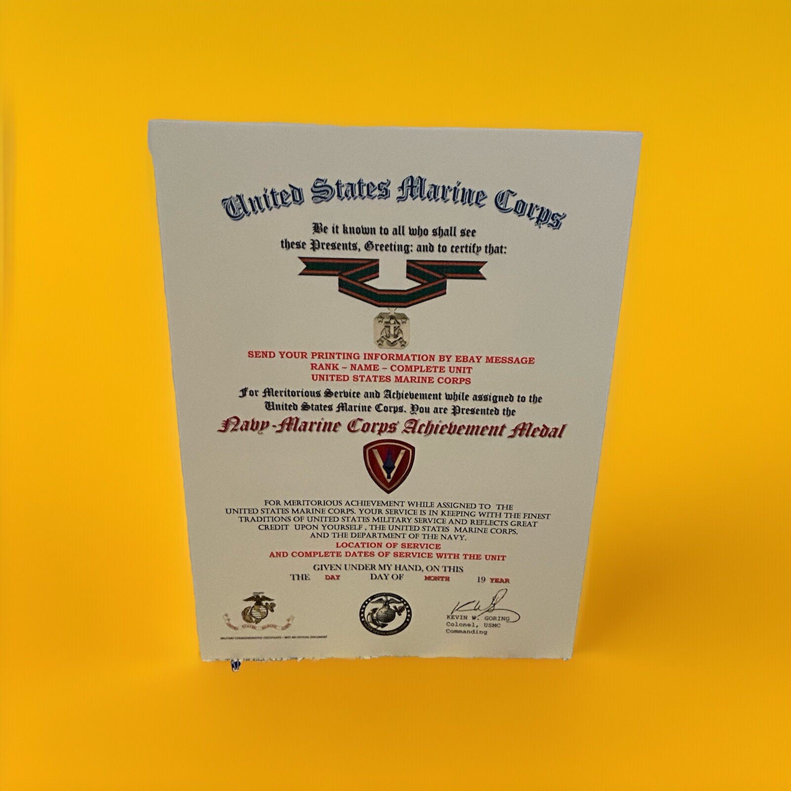 U.S.M.C. / NAVY ACHIEVEMENT MEDAL CERTIFICATE - 5TH MARINE DIVISION