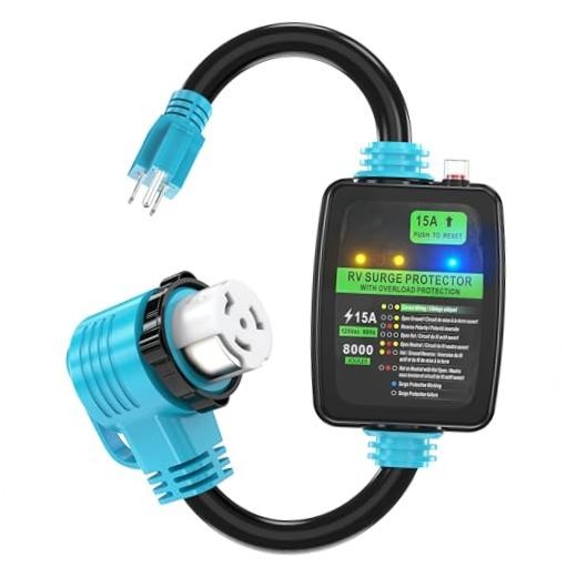 50 Amp to 15 Amp 110 Volt RV Surge Protector Adapter Cord, 15M/50F Locking