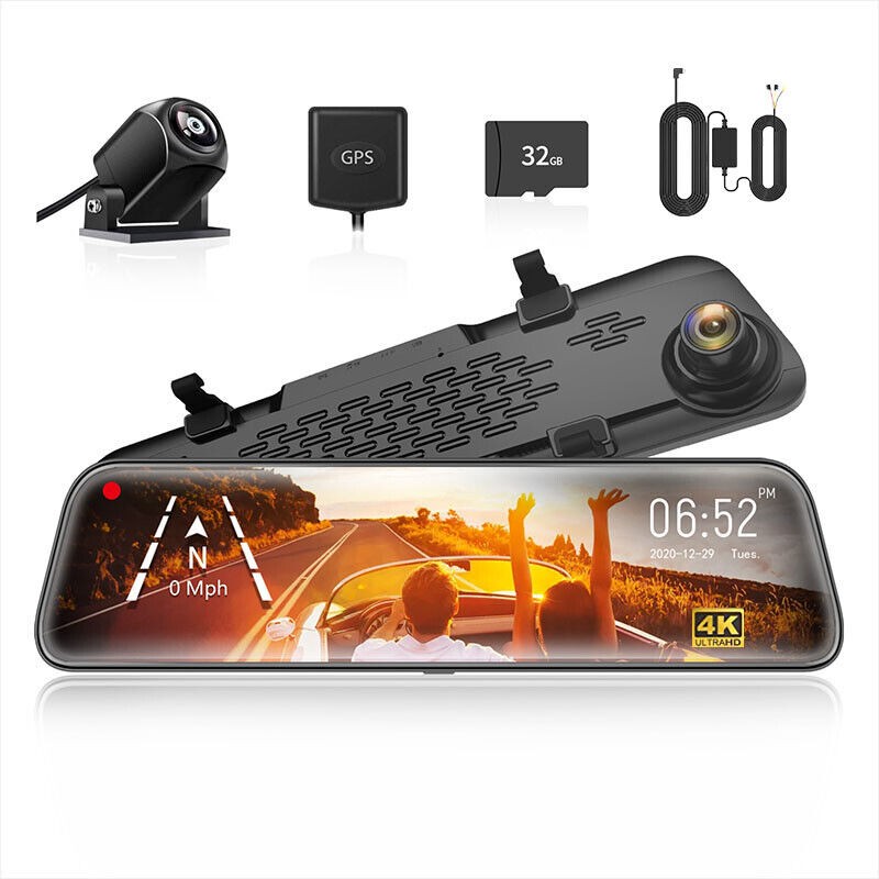 WOLFBOX G840S 4K WIFI Dash Cam With SD 12" Mirror Dash Cameras Front and Rear