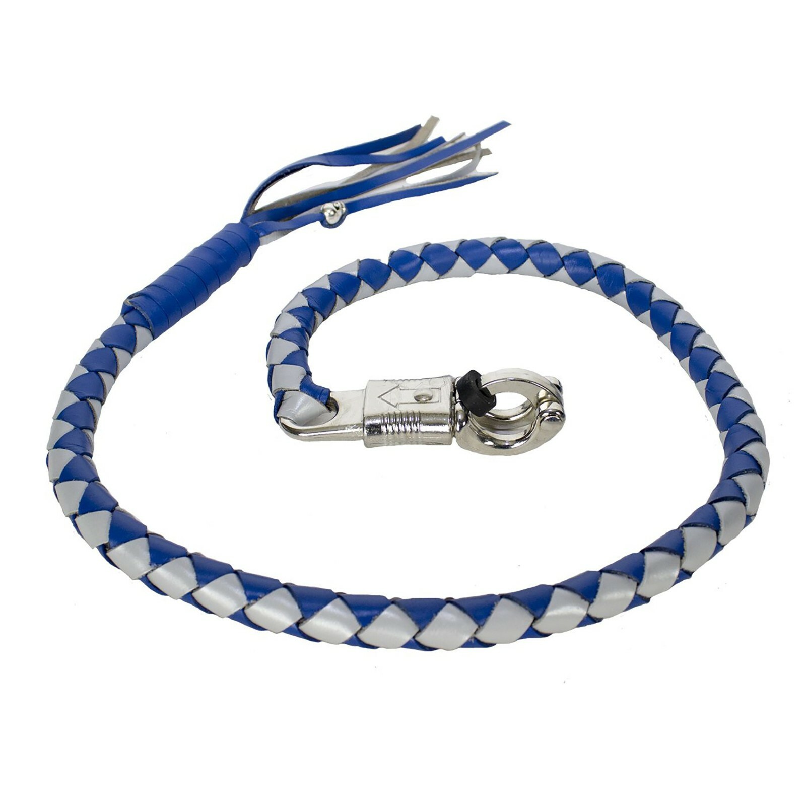 36" Leather Motorcycle Get Back Whip for Handlebar Biker, Blue and Silver