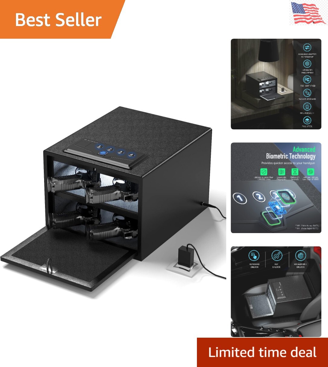 Pistol Safe - Rapid Access - Digital Keypad - Holds 4 Pistols - FCC Certified