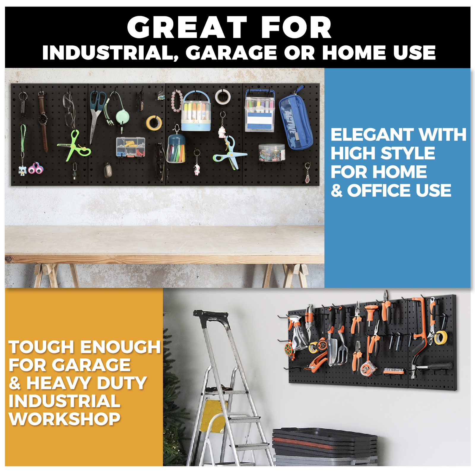 Heavy Duty 4-Panel Pegboard Wall Organizer With 32 Peg Hooks - Black