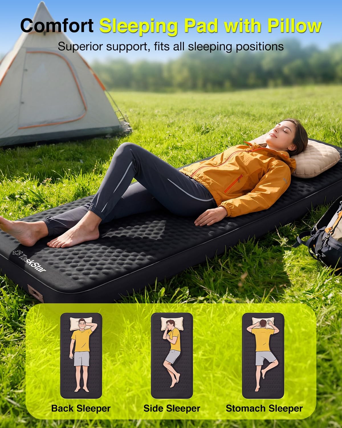 TaskStar 4" Self Inflating Sleeping Pad for Camping with 80''x30''x4'', Black