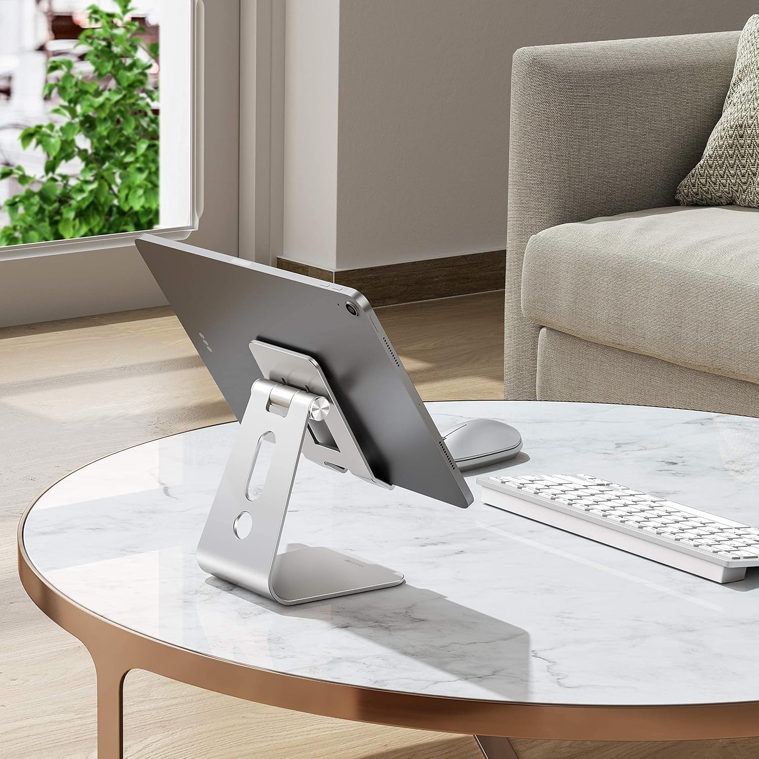 Adjustable Tablet Stand for Desk with Hollow Design & Enhanced Stability, Silver