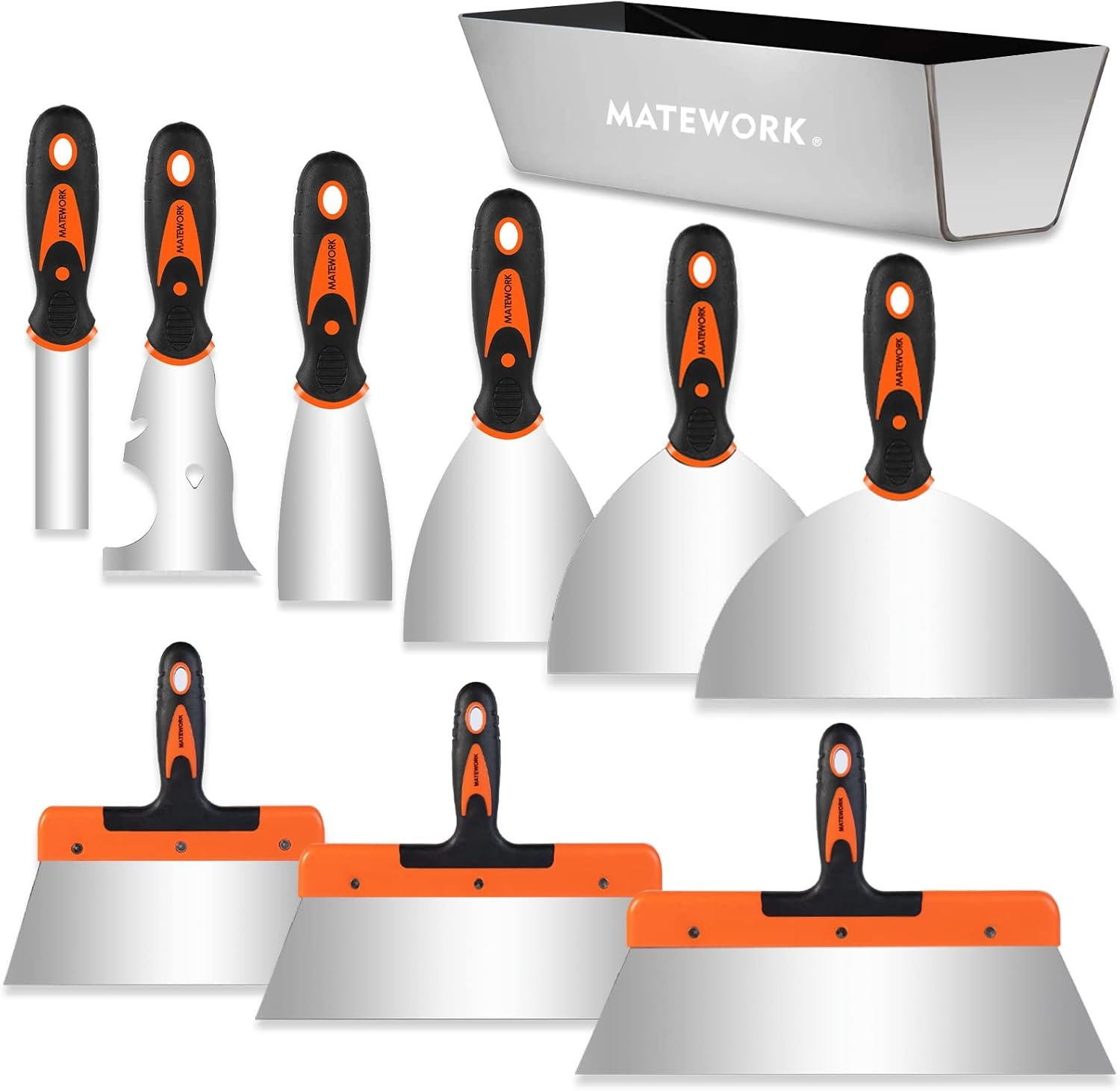 Putty Knife,10 Piece Stainless Steel Paint Scraper Tool Set,14" Mud Pan for Repa
