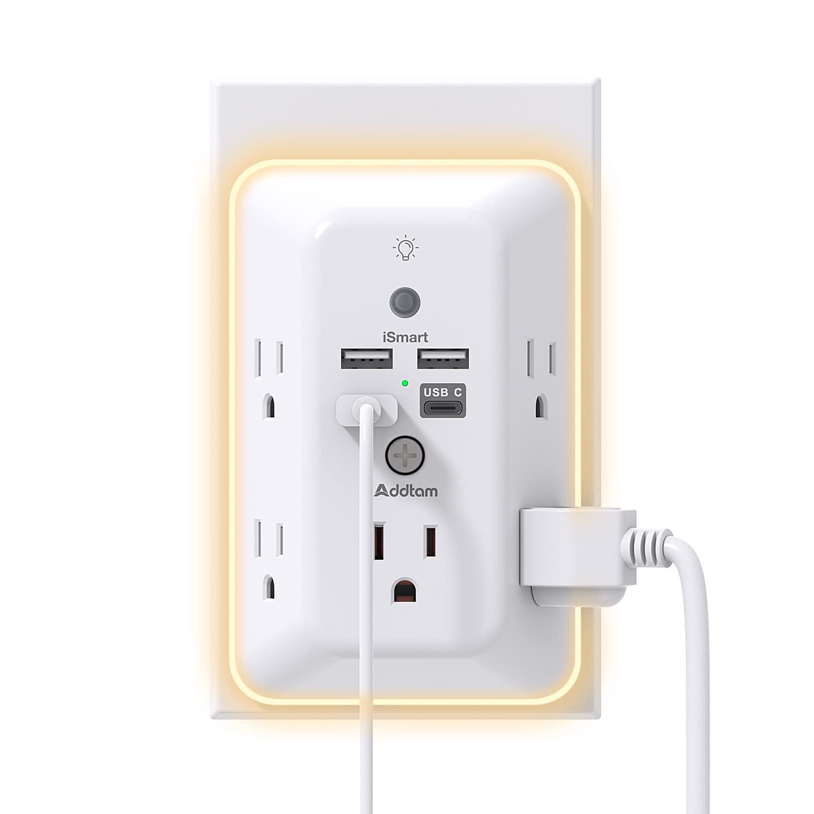 Surge Protector, Outlet Extender with Night Light, 1C3A-Standard, White