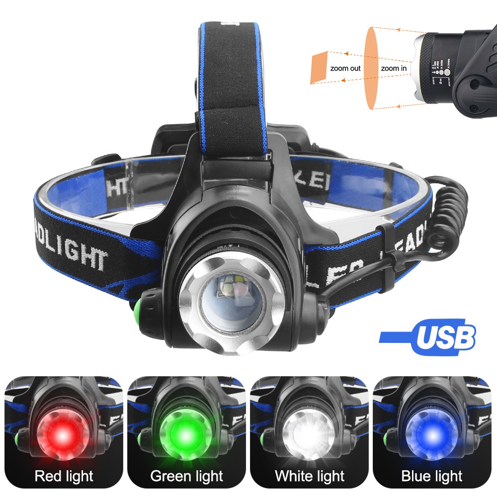 4 in 1 Red/Blue/Green/White Light Source adjustable Headlamp USB Rechargeable