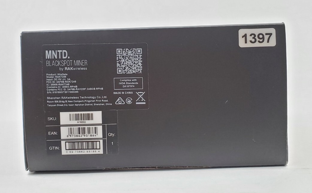 MNTD. Blackspot Miner By RAKwireless Helium LongFi Compatible