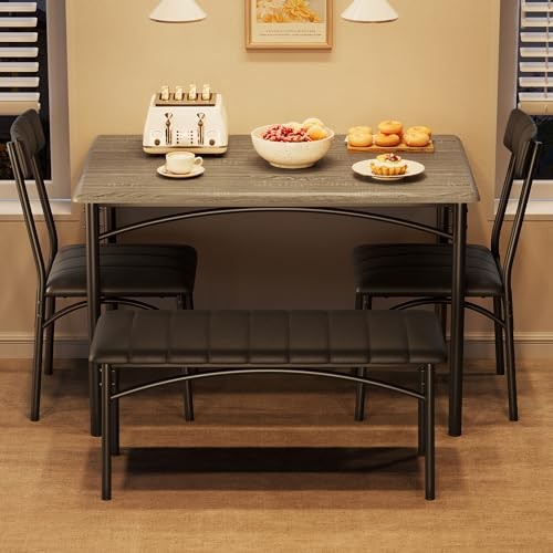 Dining Table Set for 4, Kitchen Table and 2 Chairs with Bench Rustic Gray