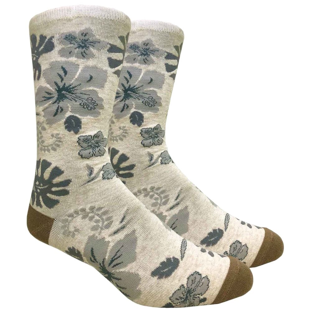 Men's Hawaiian Floral Hibiscus Novelty Socks Ecru Gray Fits Size 10-13
