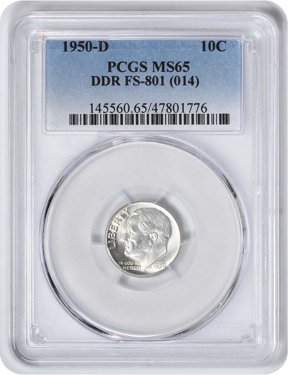 1950-D Roosevelt Silver Dime DDR FS-801 MS65 PCGS