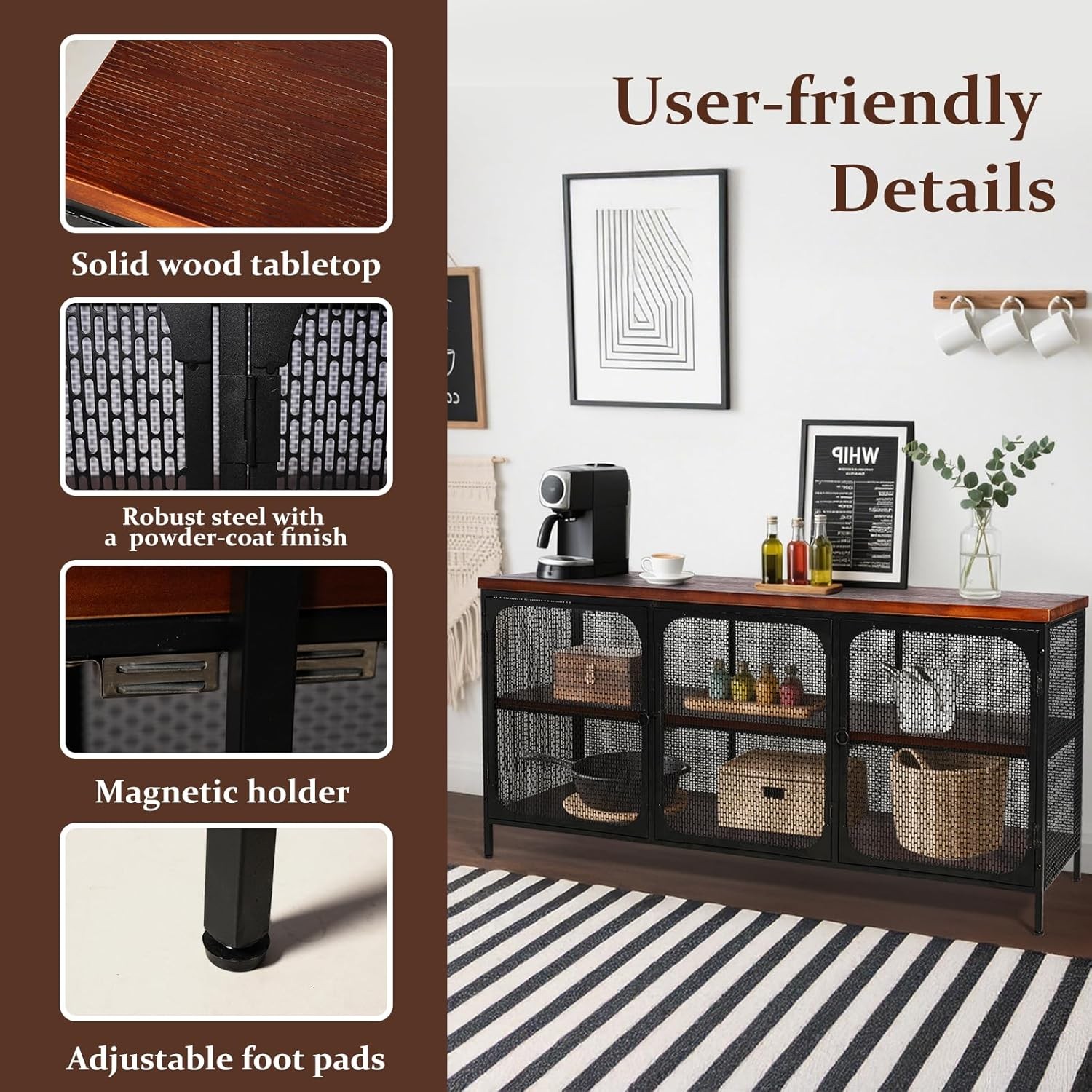 Industrial Stora Console Cabinet with Solid Wood , Bla Metal Mesh