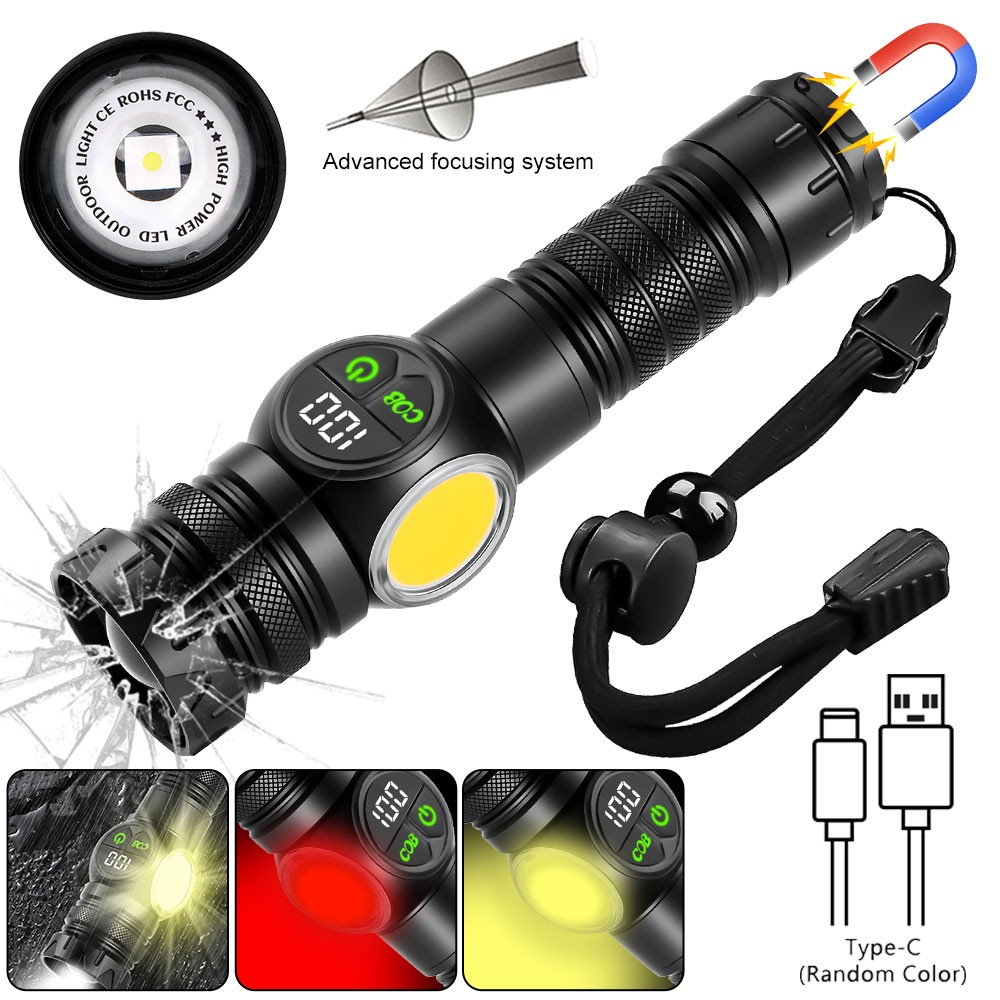 White Laser LEP Flashlight Torch COB Yellow Red Light Zoomable USB Rechargeable
