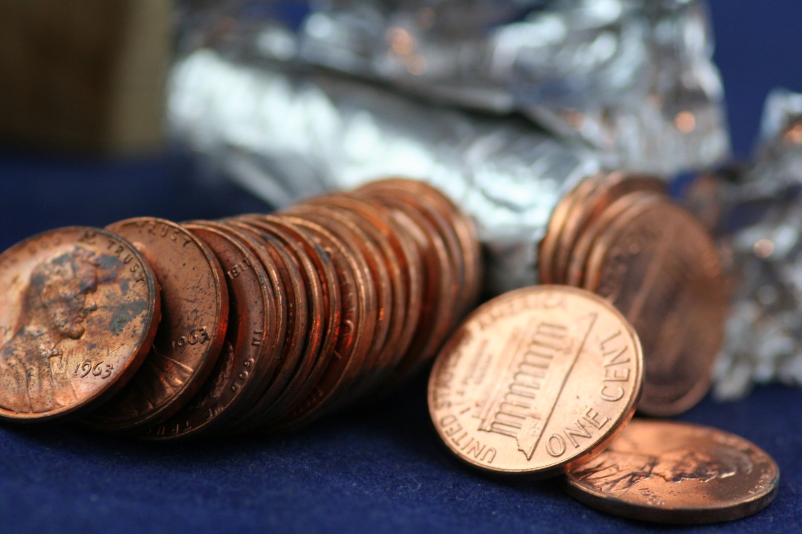 1963 roll of Lincoln Memorial Cents wrapped in foil