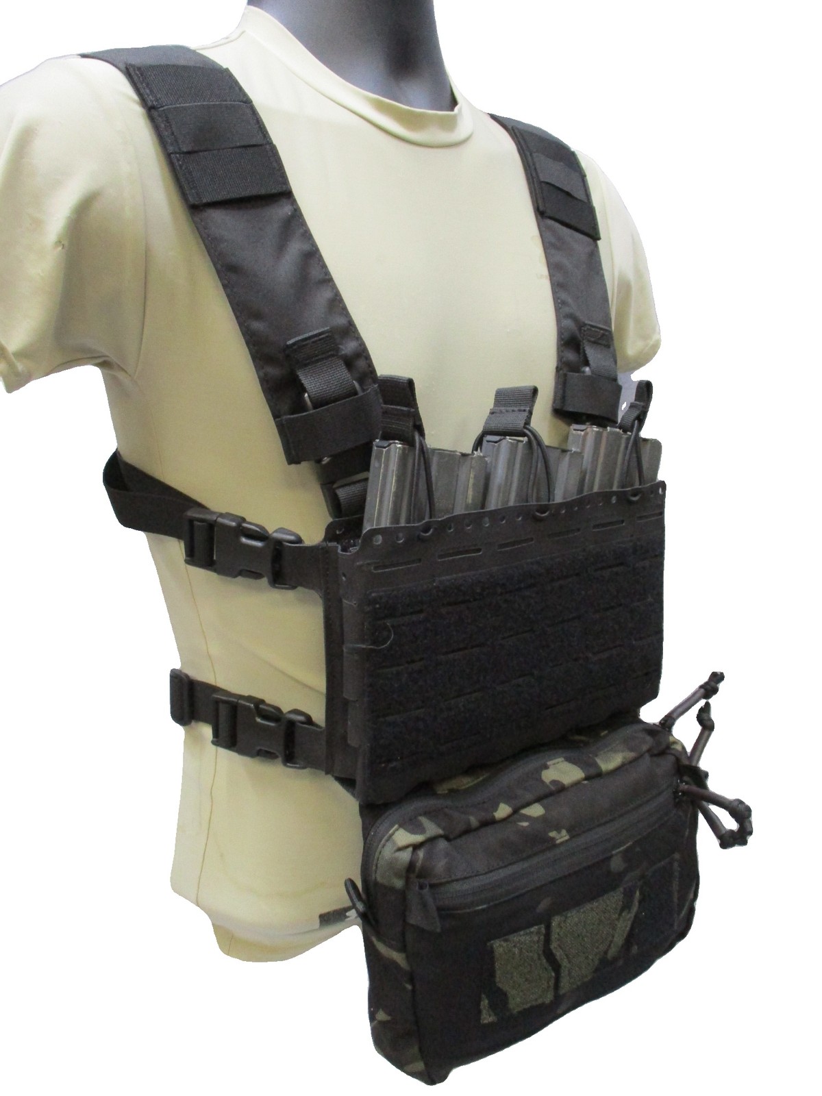 Modular Tactical Chest Rig / Black Placard System w/ Dangler Pouch Multicam Blk