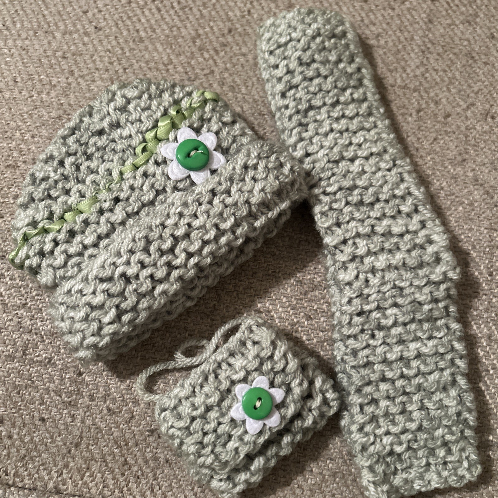 18" Doll Handmade Crochet Set Hat Scarf Purse Green Daisy