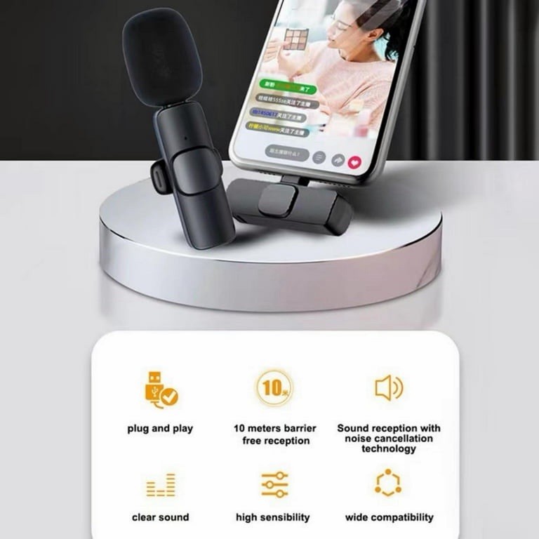 USB C Mini Mic (2) Rechargeable Wireless Microphones & 1 Receiver Type C Black