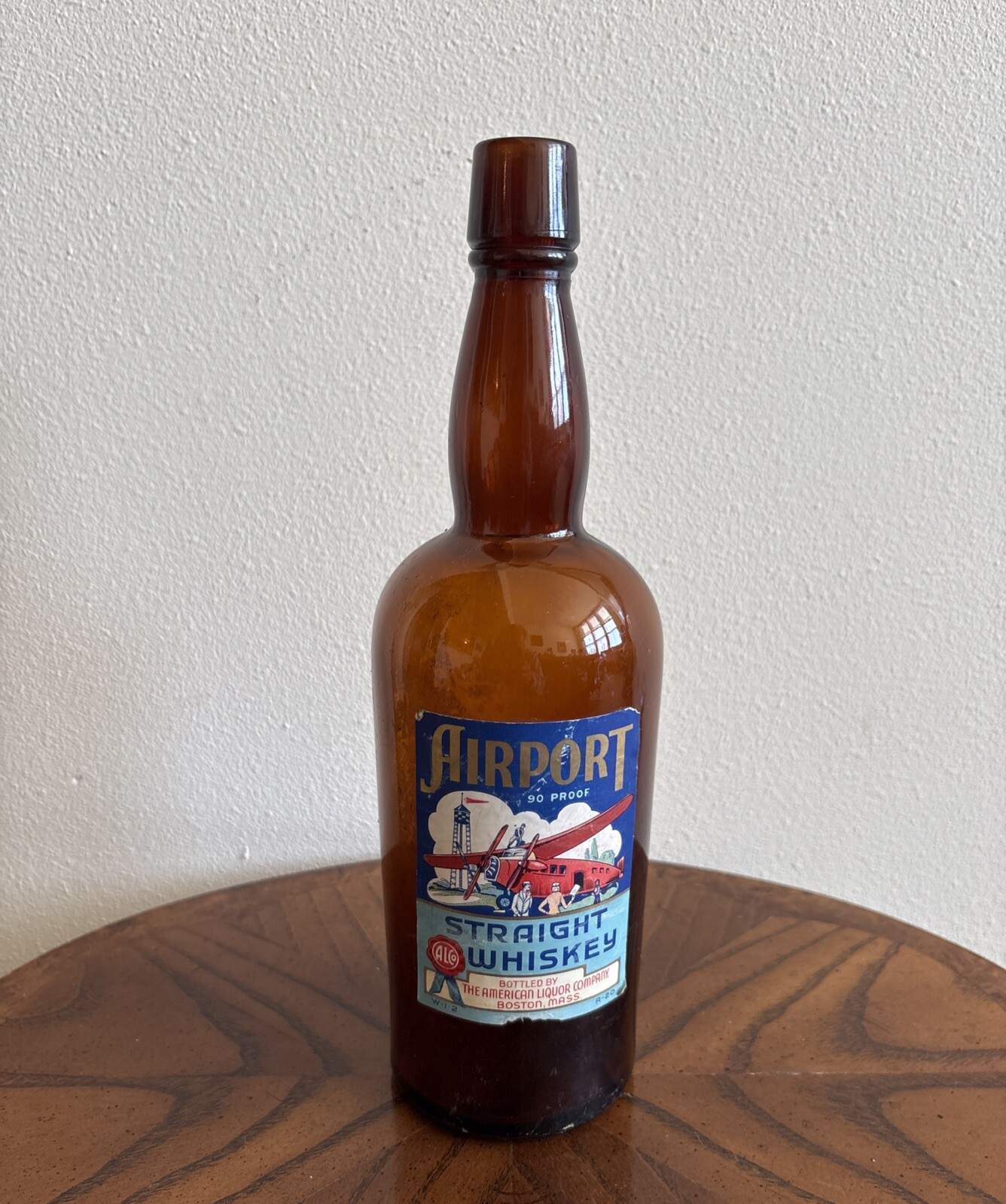 Vintage AIRPORT STRAIGHT WHISKEY BOTTLE Brown Glass Paper Label Boston Mass