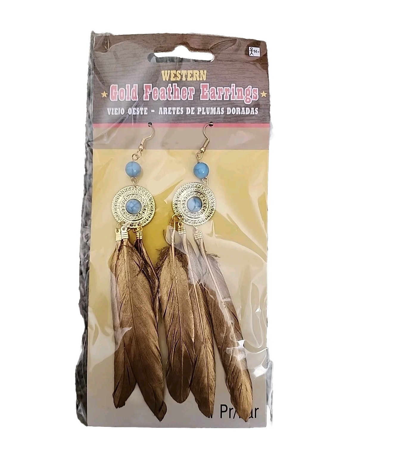 Western Gold Feather Earrings Native American Indian Halloween Costume Accessory