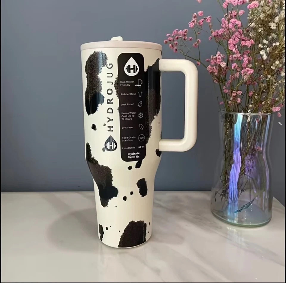 HydroJug 40oz Cow Print Tumbler Handle Straw Lid Insulated Cup