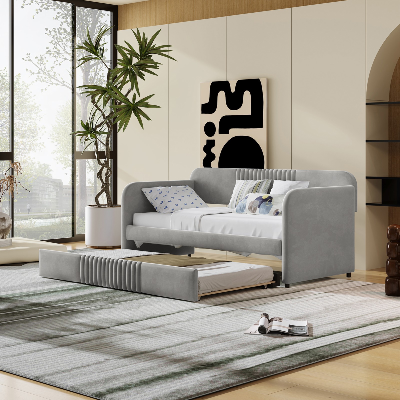 Upholstered Daybed Sofa Bed Twin Size With Trundle Bed and Wood Slat ,Gray