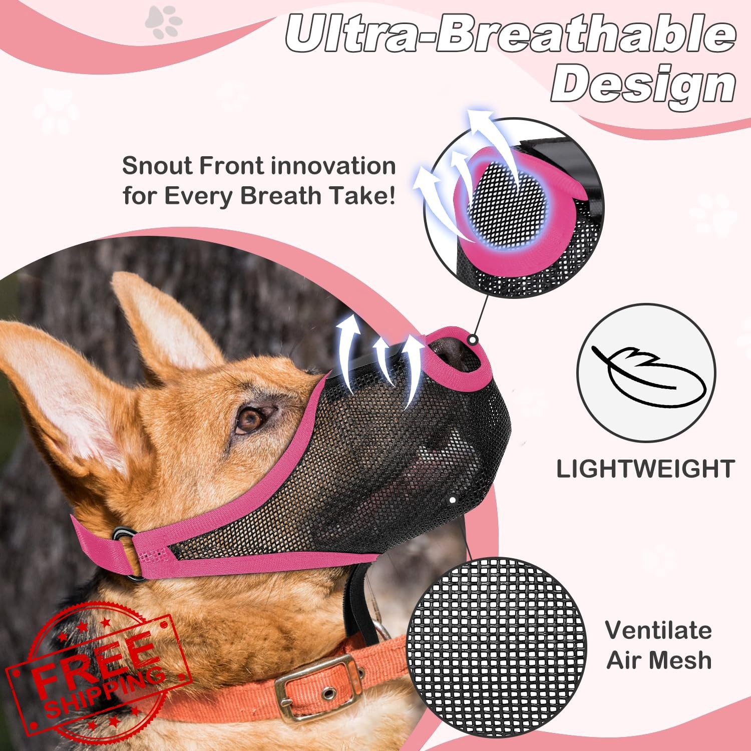Dog Muzzle S Pink Soft Mesh Breathable Anti-Bite Lick Adjustable Paws