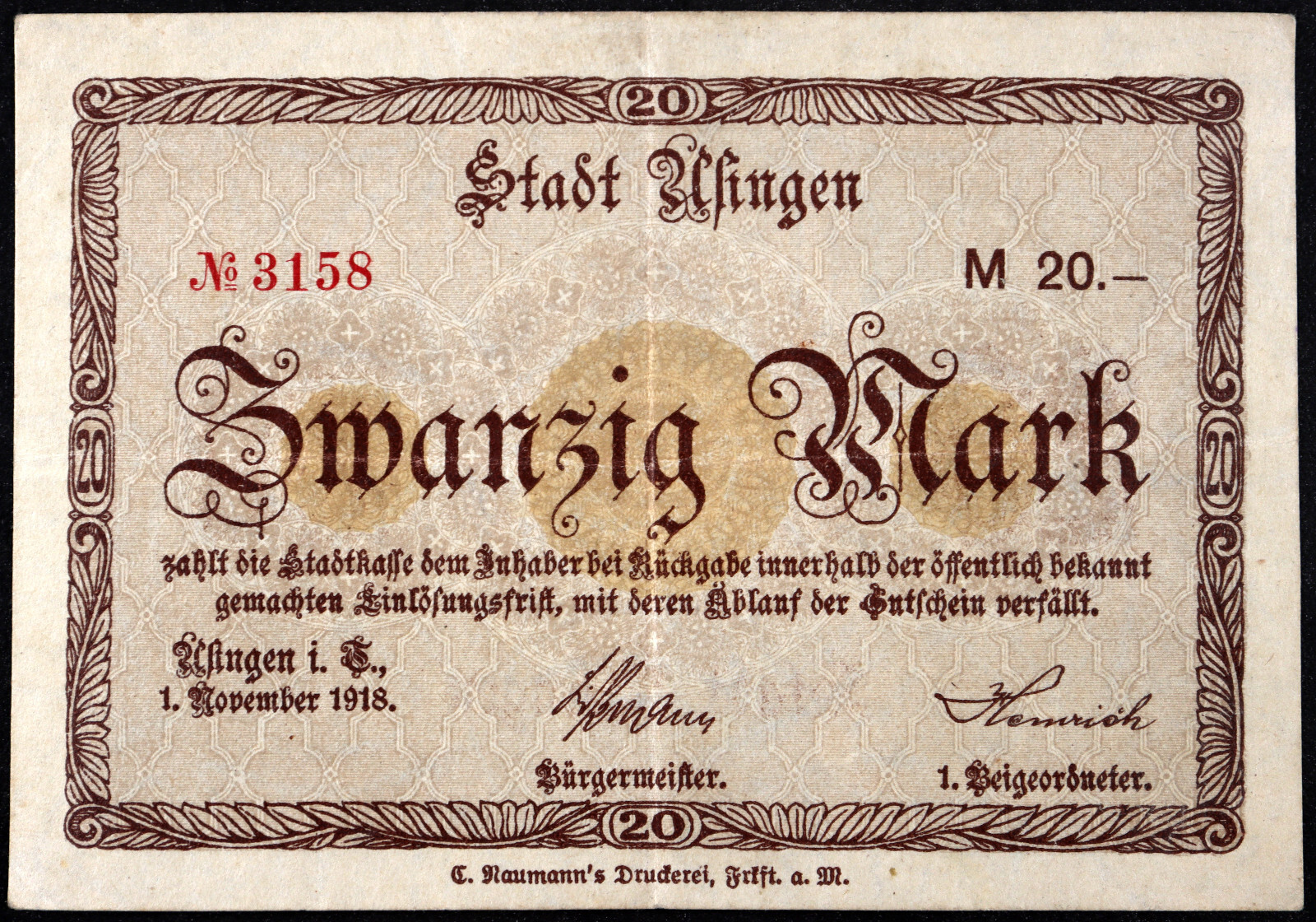 USINGEN 1918 20 Mark Grossnotgeld German Notgeld Banknote
