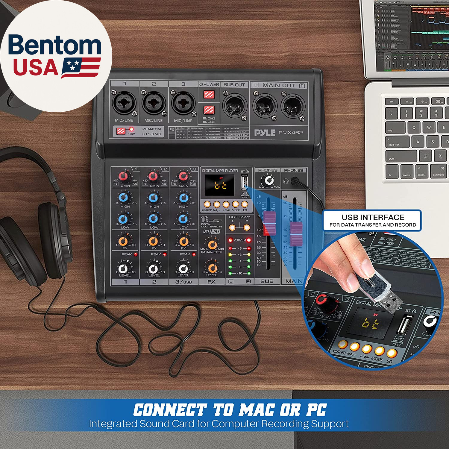 Professional DJ Audio Mixer - 3-Channel Controller with 16 Preset DSP Effects -