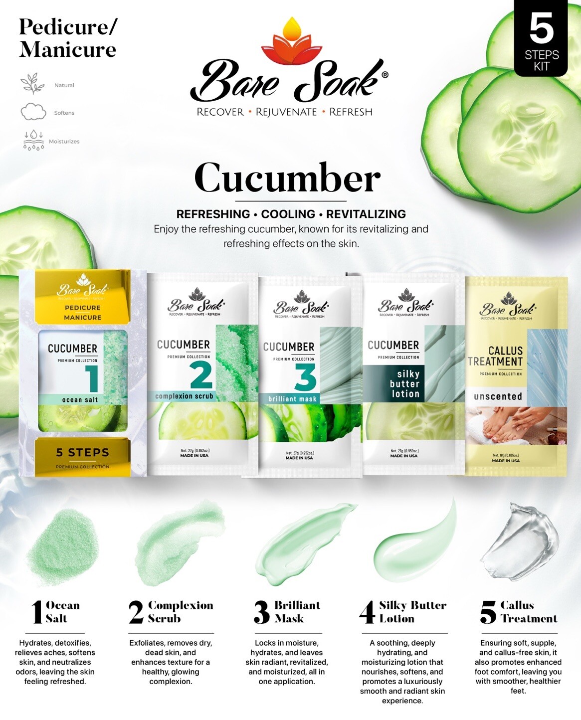 NuRevolution Bare Soak 5 Steps in 1 Pedi & Mani Kit (Box of 50 packs) Cucumber