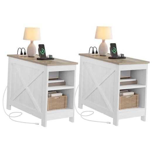 End Table with Charging Station, Narrow Side Grey Wash 2-Tiers Shelves (2 Set)