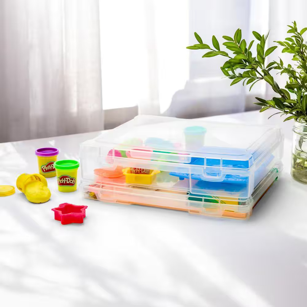 Stackable Snap-Tight Storage Containers, Clear, 12.2 In. W X 3 In. H Plastic Des