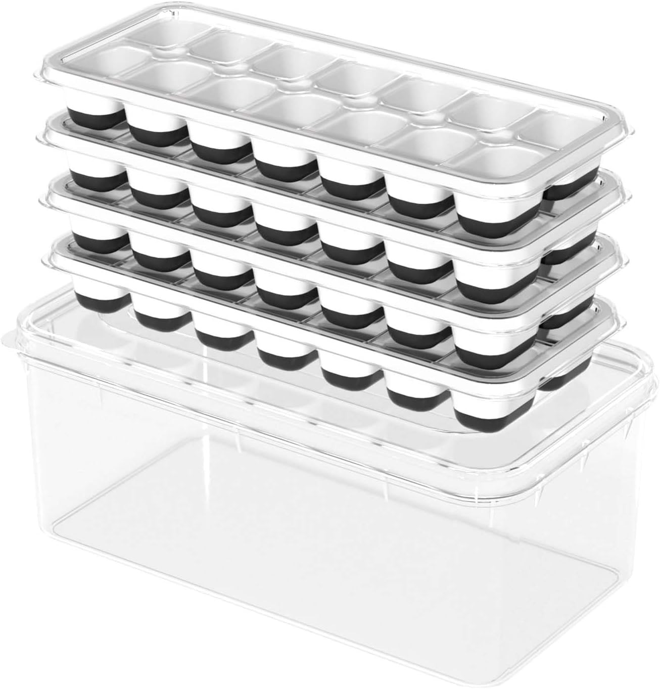 3 Pack Ice Cube Trays W/ Lids Flexible Silicone Bottom Easy Release Stackable