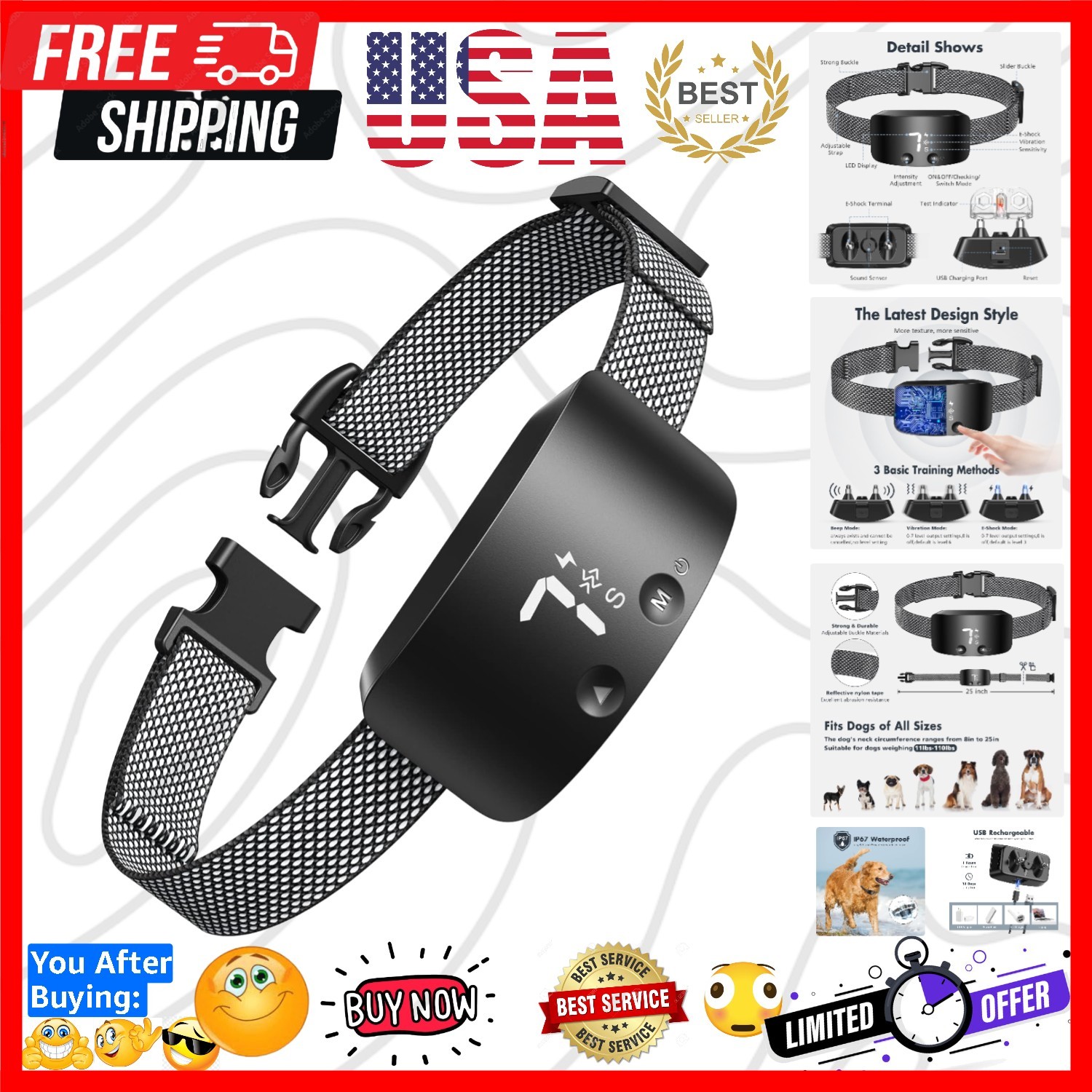 Bark Collar for Dogs,Rechargeable Anti Barking Training Collar with 7 Adjusta...