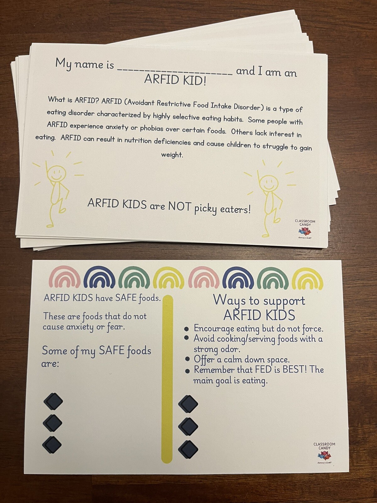 5 ARFID Information Cards For Kids with ARFID.Teachers, Coaches, Friends, Family