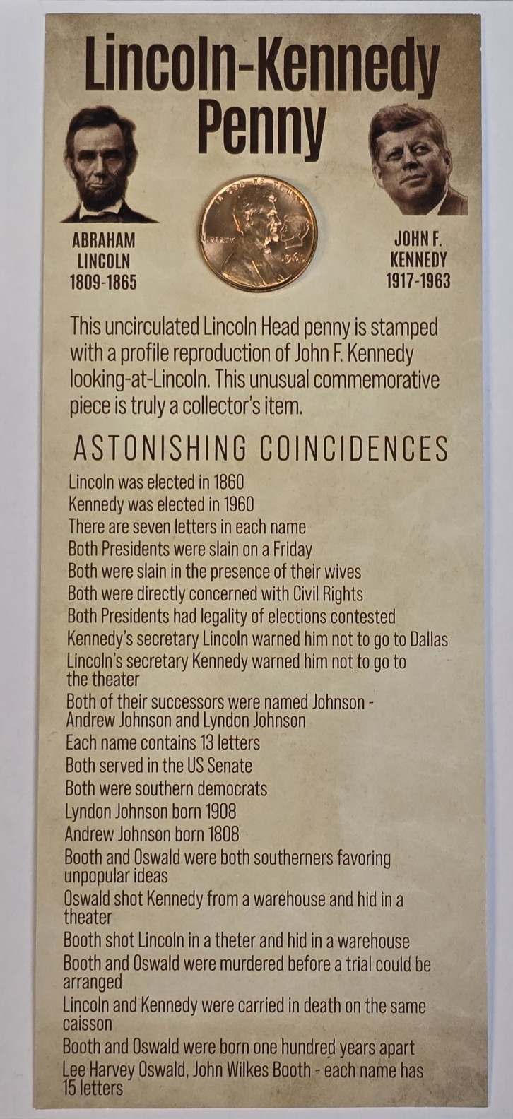 Red Unc 1963 Lincoln Kennedy Penny Astonishing Coincidences JFK Cent Card RD