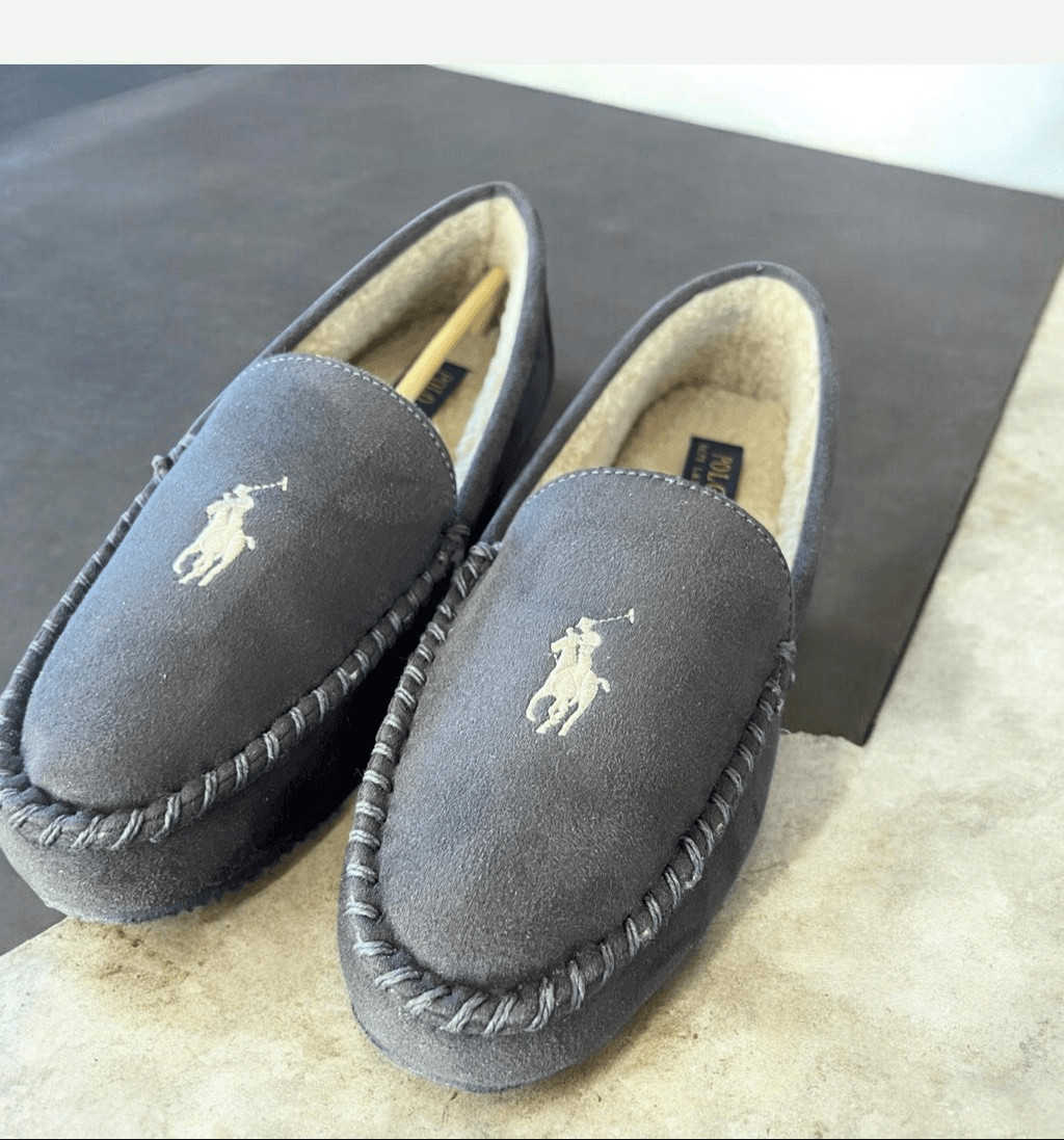 Polo Ralph Lauren Men's Dezi IV Moccasin Slippers Light Grey W/Cream PP Nwot Siz