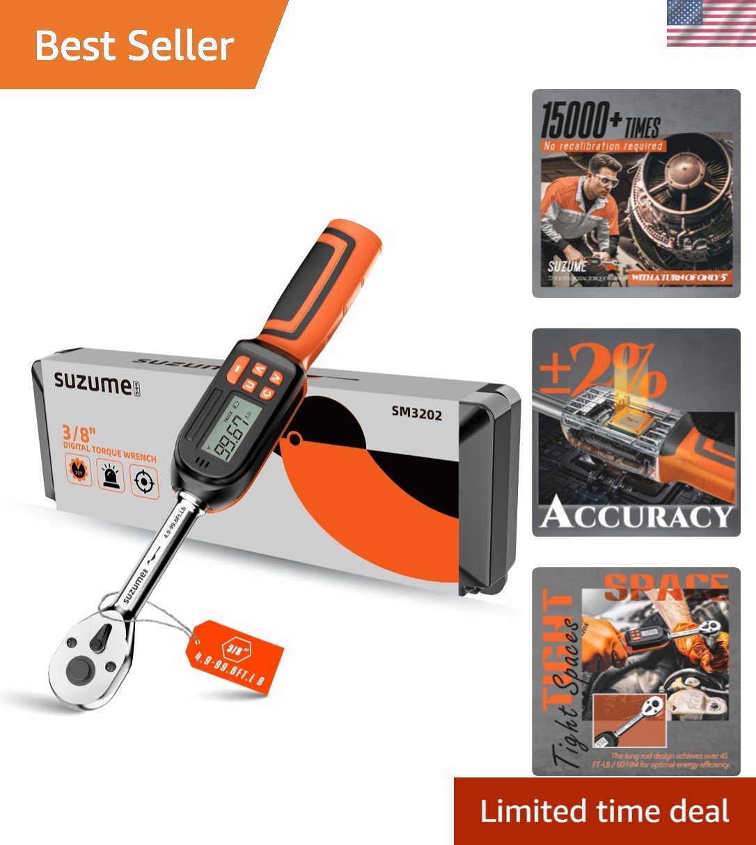 Digital Torque Wrench 3/8 Drive 4.9-99.6 Ft. Lb/ 6.6-135 N.m±2% High Accuracy...