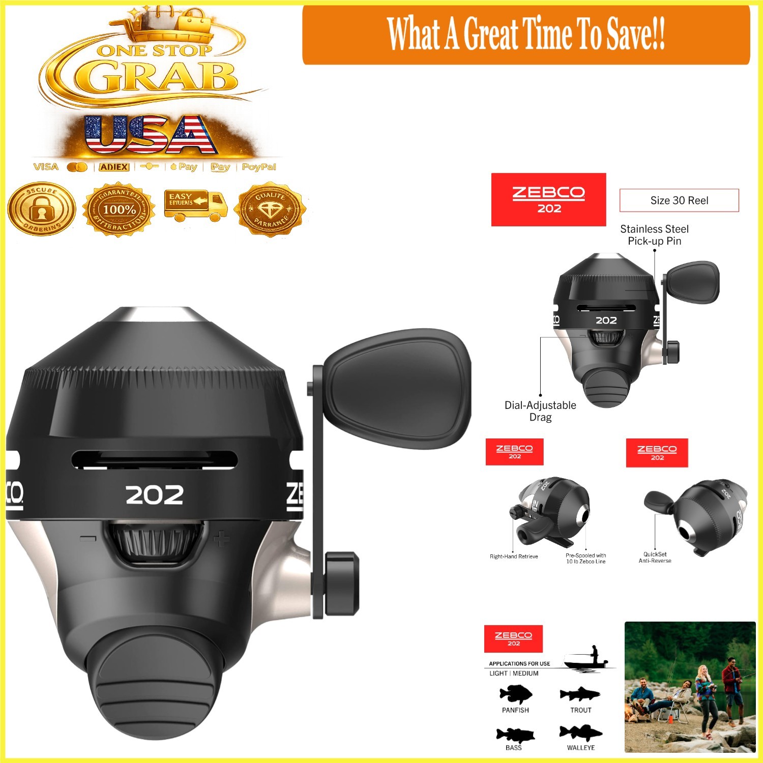 202 Spincast Fishing Reel Size 30 Right Hand All-Metal Gear Stainless Steel
