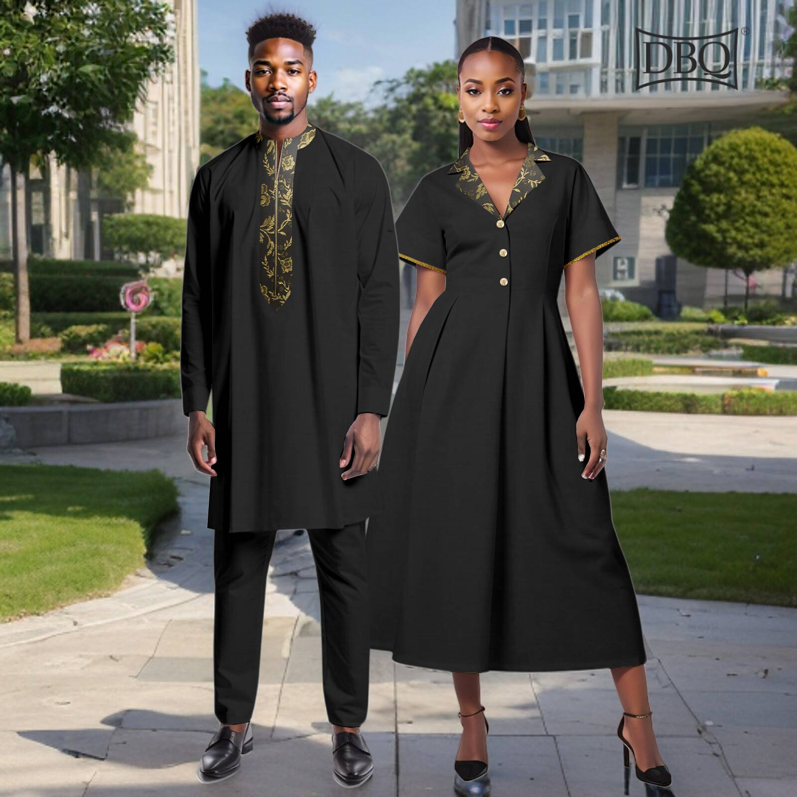 African Couple's Cloth Women A Line Didi Dress Men's Shirt Pants Set for Wedding
