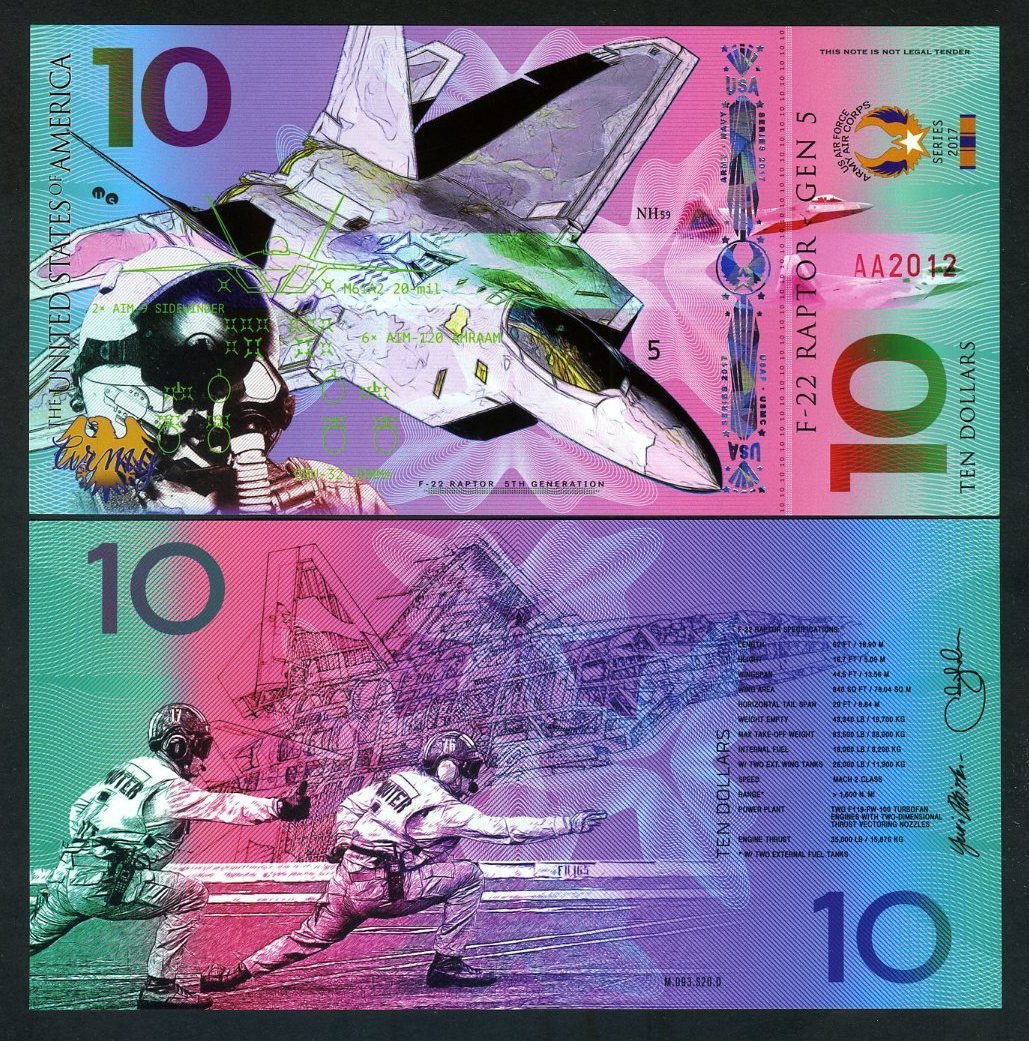 USA, $10, Private Issue Polymer Banknote, 2017, Fighter Jet, F-22, Army F