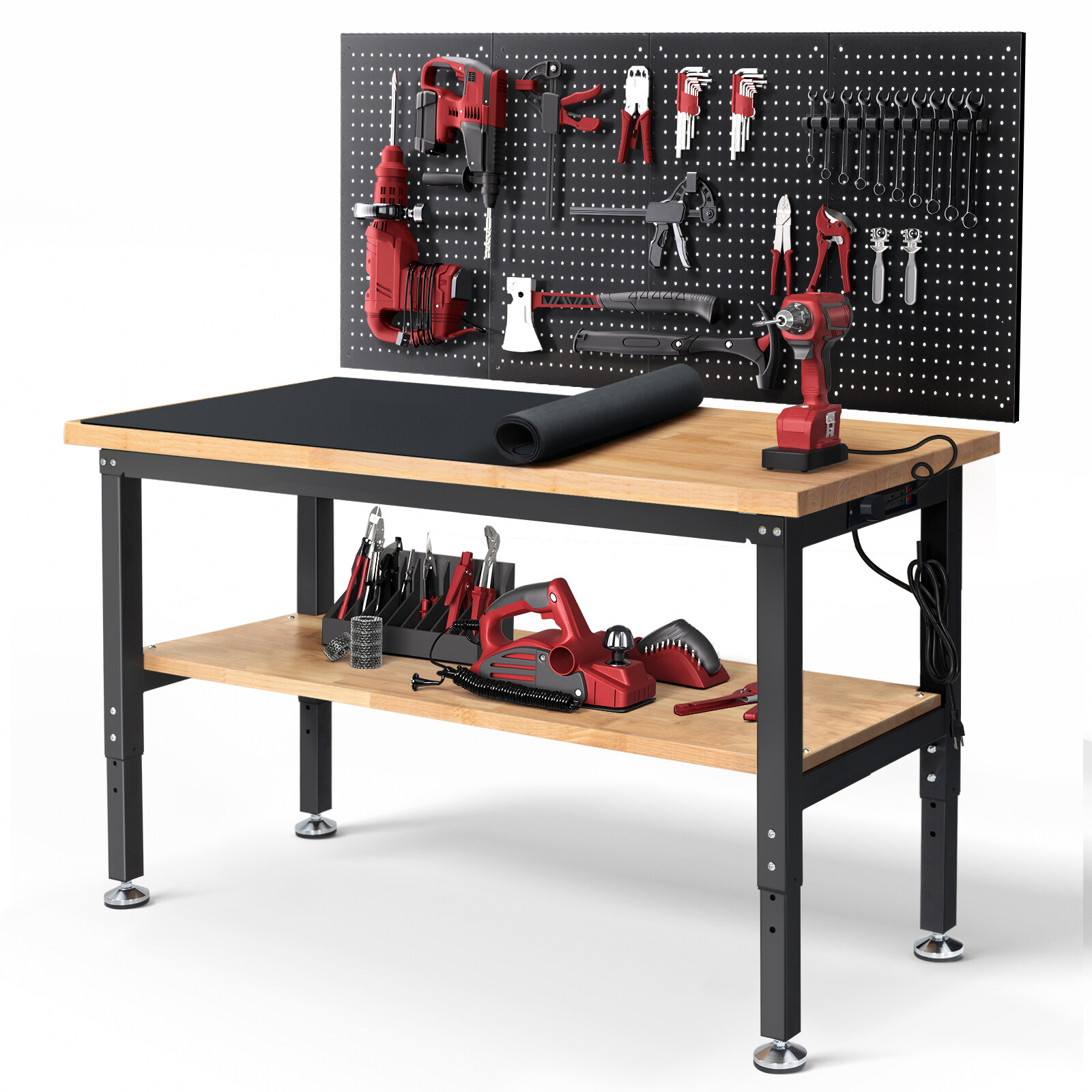 Adjustable Workbench 60" L  for Garage W/Pegboard & Power Outlets Heavy-Duty US