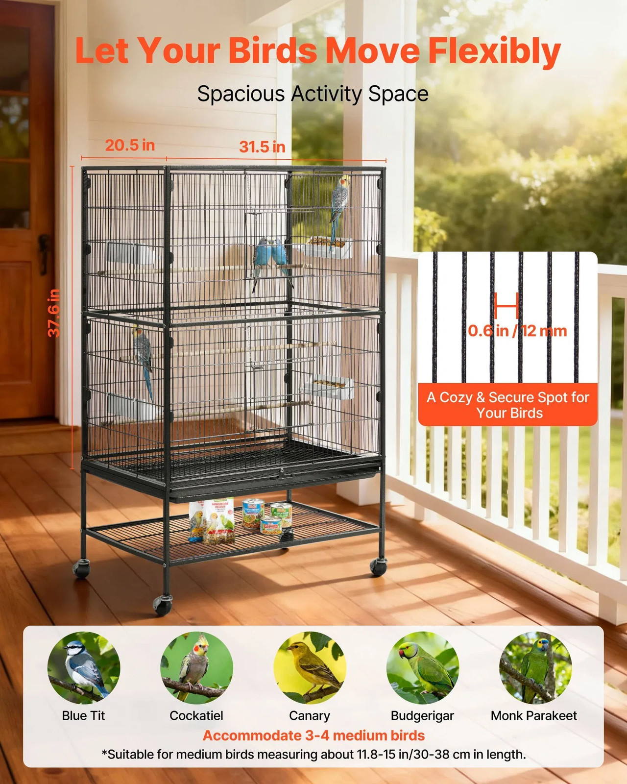 Bird Cage, 31.5 x 20.5 x 52 inch, Flat Top, Wrought Iron Bird Flight Cage with P