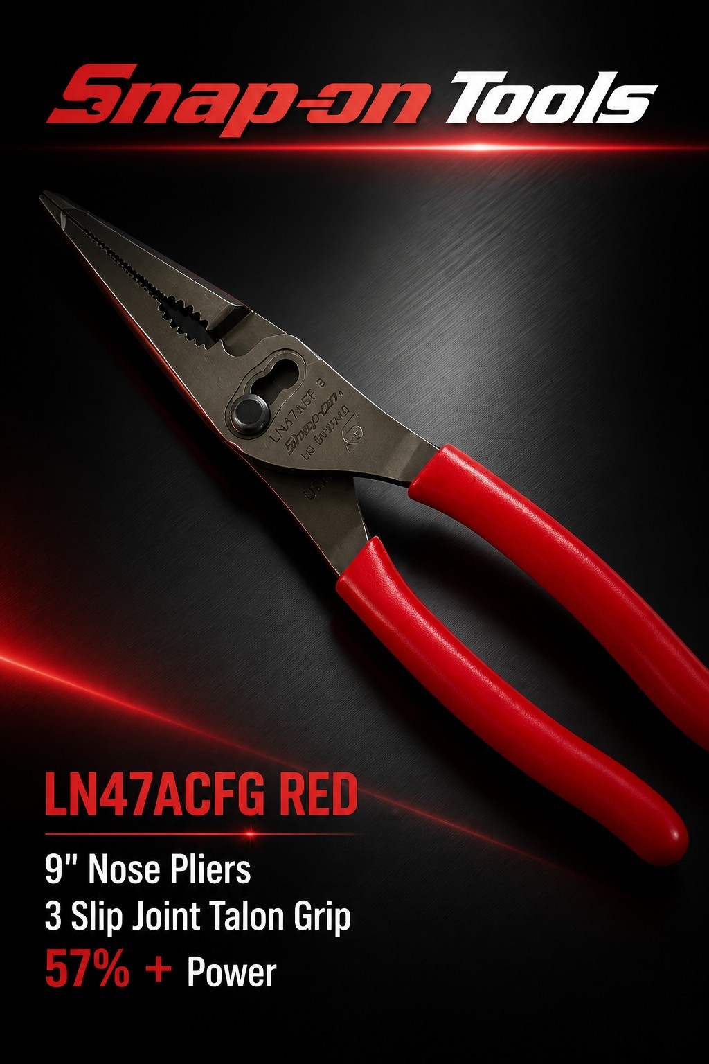 Snap On Tools 9" Long Nose Pliers 3 Slip Joint Talon Grip 57% More Power RED NEW