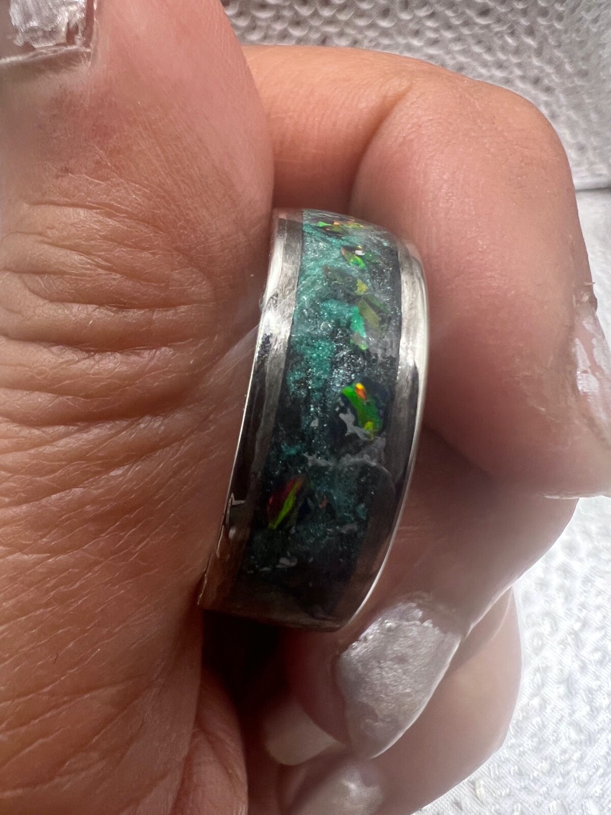 Inlay Ring Stainless Steel with Malachite, opals, Jade Astro Dust