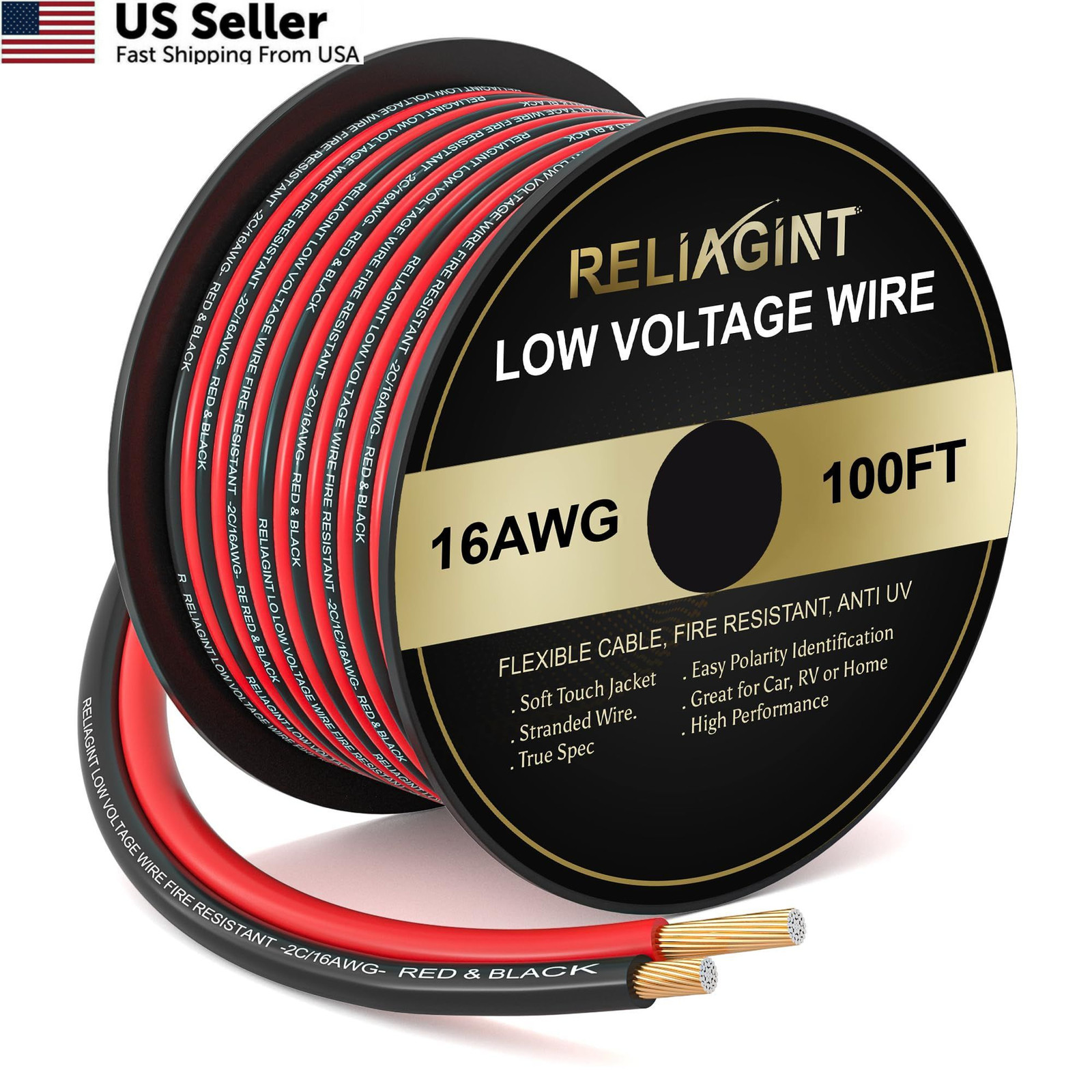 Reliagint 16 Gauge Wire 2 Conductor Electrical Cable, 16 AWG 100FT, 16AWG