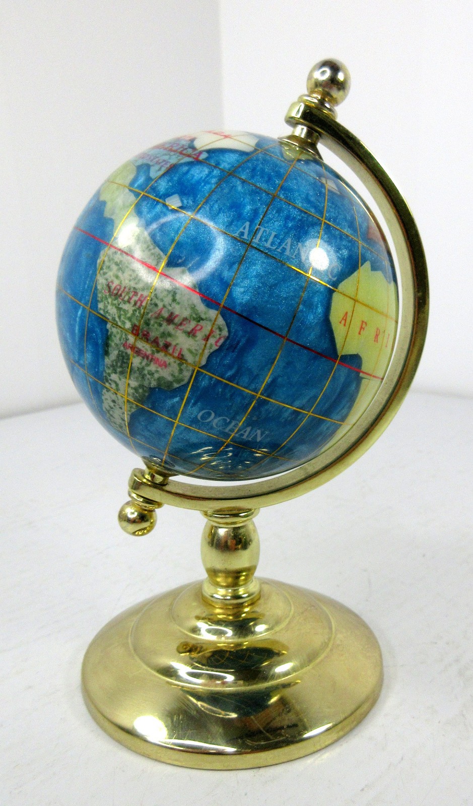 Gemstone Inlaid Globe 6” Tall Small Mini Semi Precious Stones World Brass Base