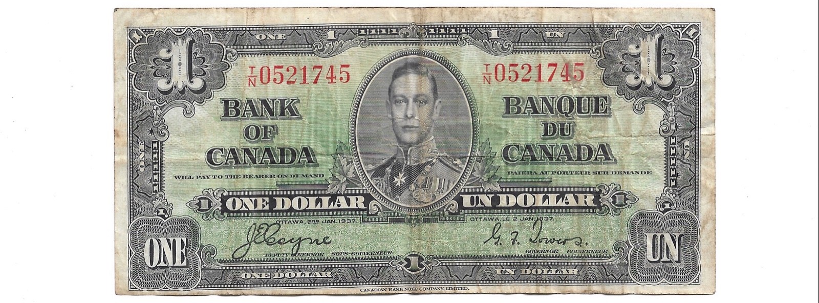 1937 Vintage Canada $1 Bill! Canadian 1 Dollar Paper Currency King George VI